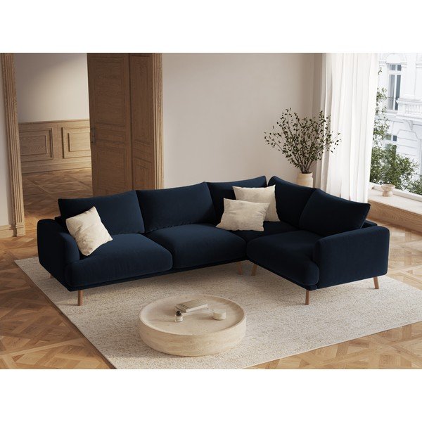 Tmavě modrá sametová rohová pohovka (pravý roh/do L) Naomi – Micadoni -image-1