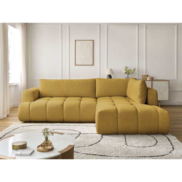 Rozkládací/s úložným prostorem rohová pohovka v hořčicové barvě (pravý roh/do L) Fuji – Bobochic Paris-image-1