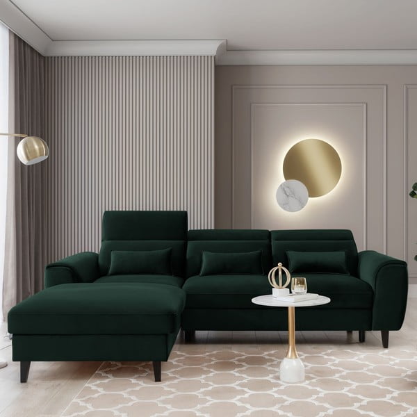 Tmavě zelená sametová rozkládací/s úložným prostorem rohová pohovka (levý roh/s lenoškou) Foble – ELTAP-image-1