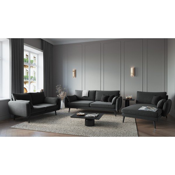 Tmavě šedá sametová lenoška s černými nohami Kooko Home Lento, pravý roh-image-1