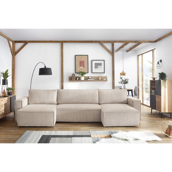 Béžová manšestrová rozkládací rohová pohovka do "U" Nihad – Bobochic Paris-image-1