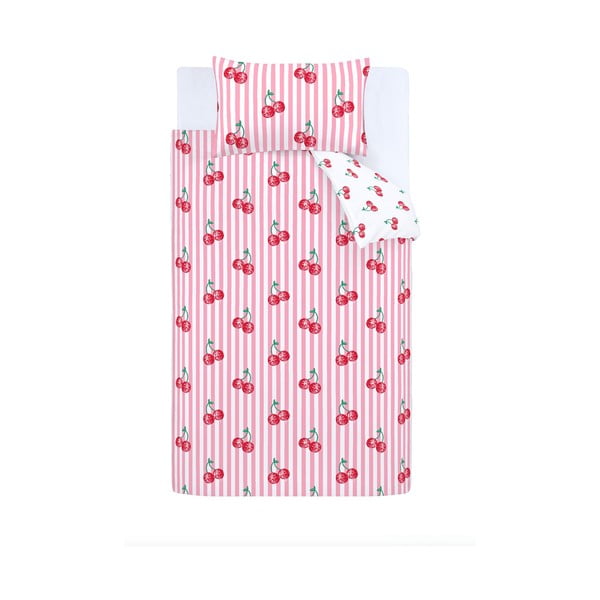 Bílé/růžové povlečení na jednolůžko 135x200 cm Disco Cherries Stripes – Catherine Lansfield