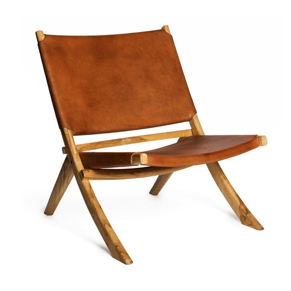 Koňakově hnědá židle s konstrukcí z teakového dřeva a sedákem z hovězí kůže Simla Fold