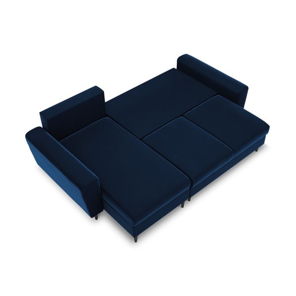 Modrá sametová rozkládací/s úložným prostorem rohová pohovka Kyoto – Cosmopolitan Design-image-1