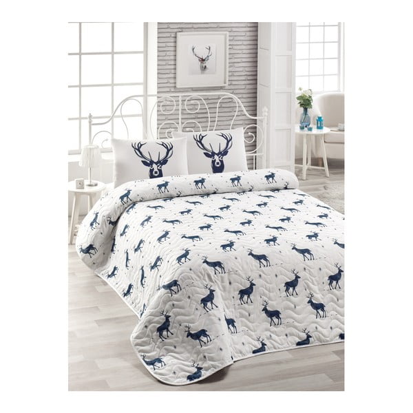 Set přehozu přes postel a 2 povlaků na polštář s příměsí bavlny Geyik Dark Blue, 200 x 220 cm