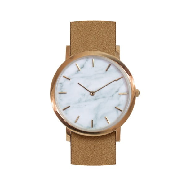 Bílé mramorové hodinky s hnědým řemínkem Analog Watch Co. Classic
