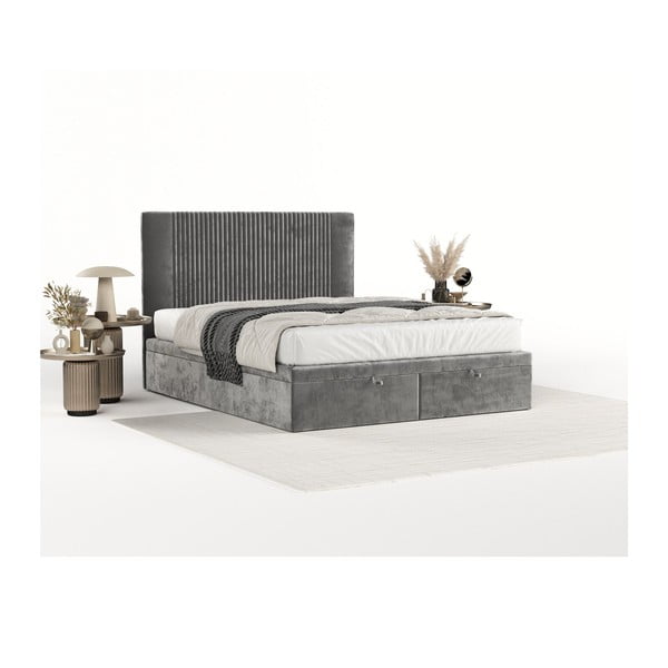 Šedá čalouněná dvoulůžková postel s úložným prostorem 200x200 cm Mavel – Maison de Rêve-image-2