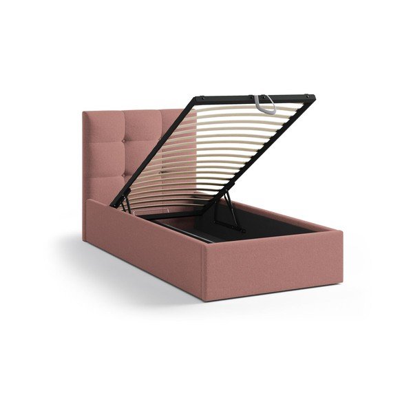 Růžová čalouněná jednolůžková postel s úložným prostorem s roštem 90x200 cm Phaedra – Micadoni -image-1