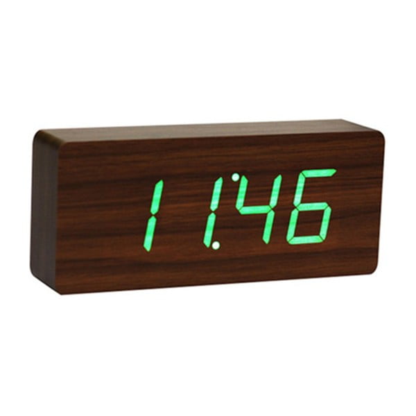 Tmavě hnědý budík se zeleným LED displejem Gingko Slab Click Clock