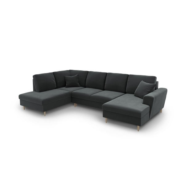 Tmavě šedá sametová rozkládací/s úložným prostorem rohová pohovka (levý roh/do "U") Kyoto – Cosmopolitan Design-image-1