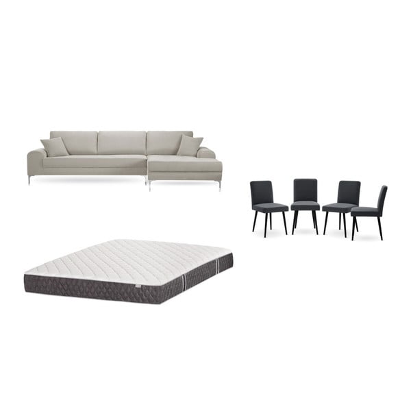 Set krémové pohovky s lenoškou vpravo, 4 antracitově šedých židlí a matrace 160 x 200 cm Home Essentials