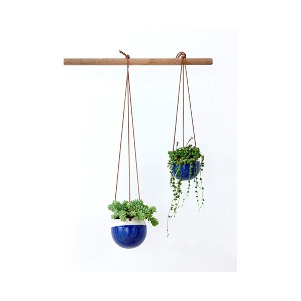 Modrý závěsný květináč se závěsem z kůže Ladelle, ⌀ 10,8 cm-image-1