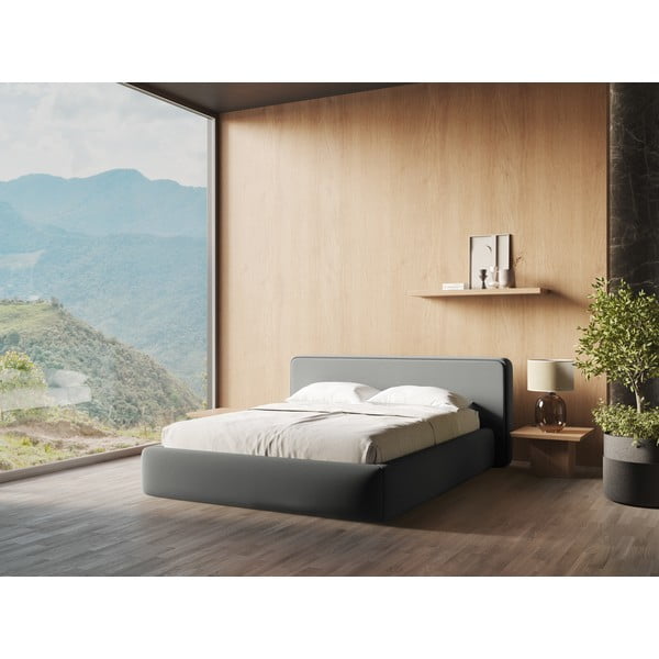 Šedá čalouněná dvoulůžková postel s úložným prostorem s roštem 160x200 cm Kiana – Makamii-image-1