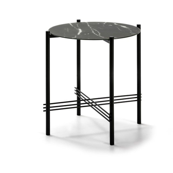 Černý odkládací stolek se skleněnou deskou v mramorovém dekoru Marckeric, ø 47 cm