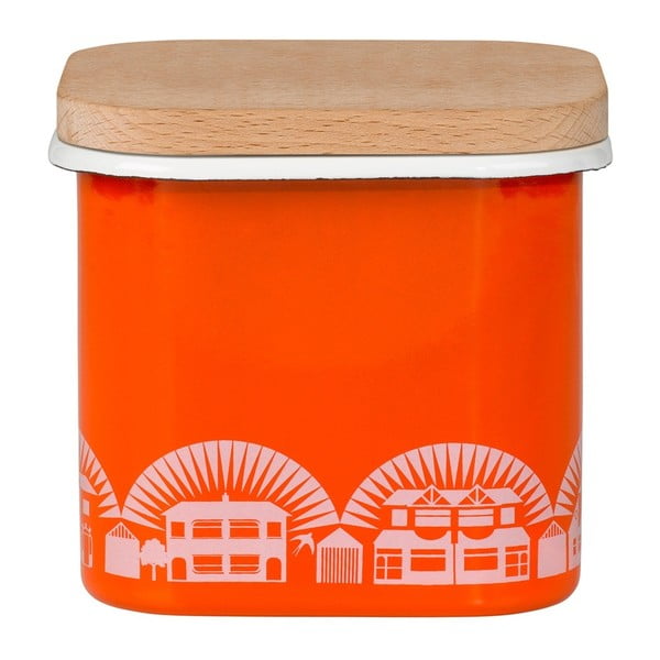 Oranžová smaltovaná dóza s víkem z bukového dřeva Mini Moderns