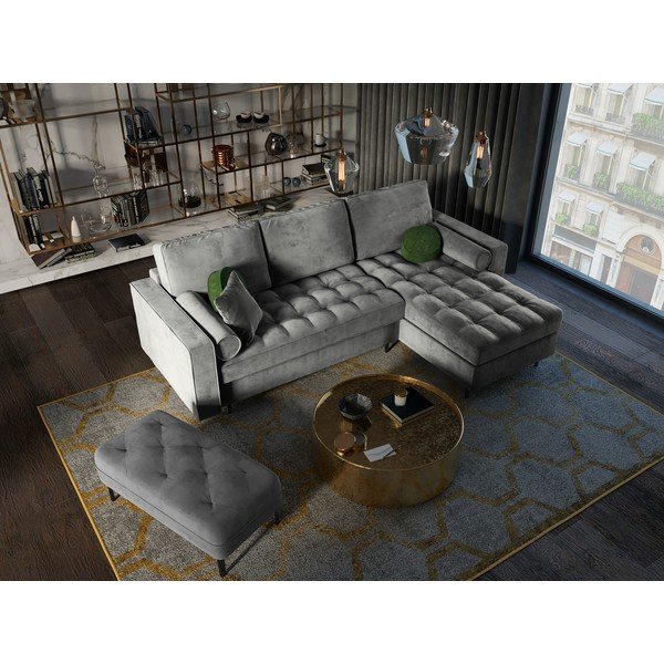 Světle šedá sametová rozkládací rohová pohovka Milo Casa Santo, pravý roh-image-1