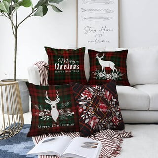 Sada 4 vánočních žinylkových povlaků na polštář Minimalist Cushion Covers Tartan Merry Christmas, 55 x 55 cm