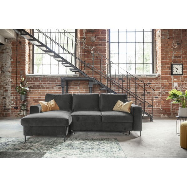 Tmavě šedá sametová rozkládací rohová pohovka Miuform Lofty Lilly, levý roh-image-1