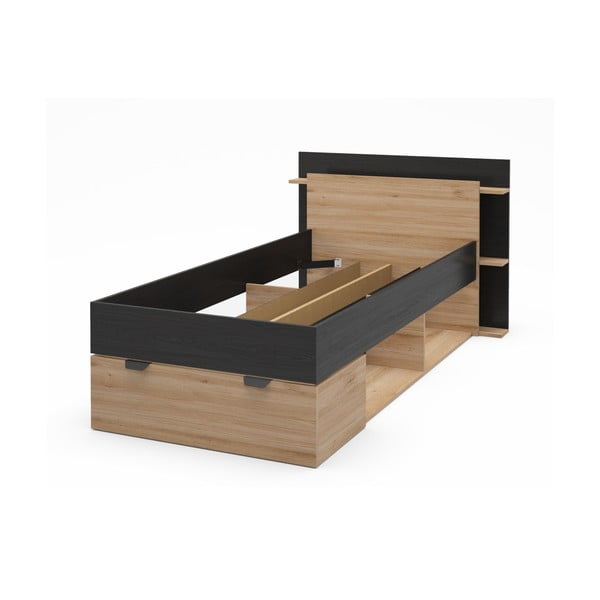 Jednolůžková postel v dekoru dubu s úložným prostorem bez roštu v černo-přírodní barvě 90x200 cm Albo – Marckeric-image-2