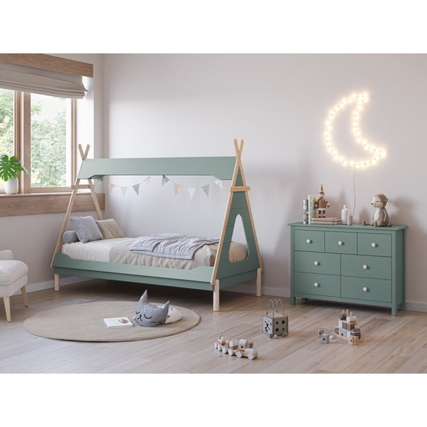 Domečková dětská postel z borovicového dřeva v petrolejové barvě 90x190 cm Nora – Marckeric-image-1