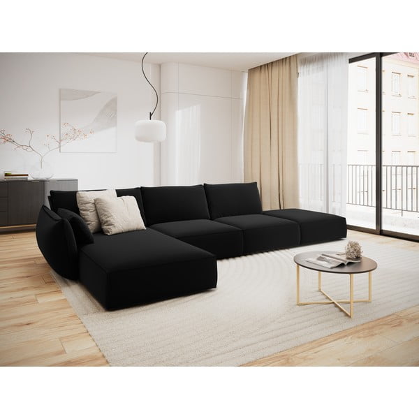 Černá sametová rohová pohovka (levý roh/s lenoškou) Vanda – Mazzini Sofas-image-1