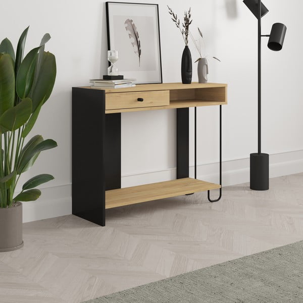 Konzolový stolek s deskou v dubovém dekoru v černo-přírodní barvě 35x100 cm Saturne – Marckeric-image-4