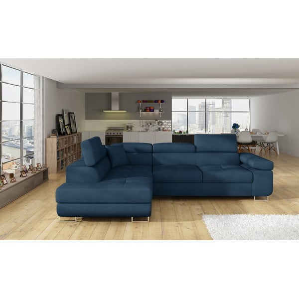 Modrá sametová rozkládací/s úložným prostorem rohová pohovka (levý roh/do L) Anton – ELTAP-image-1