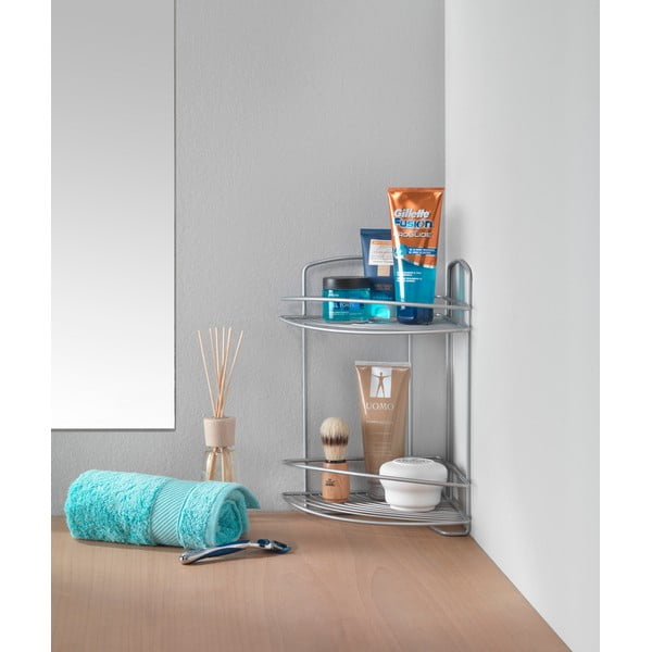 Rohová nástěnná ocelová koupelnová polička ve stříbrné barvě - Metaltex-image-2