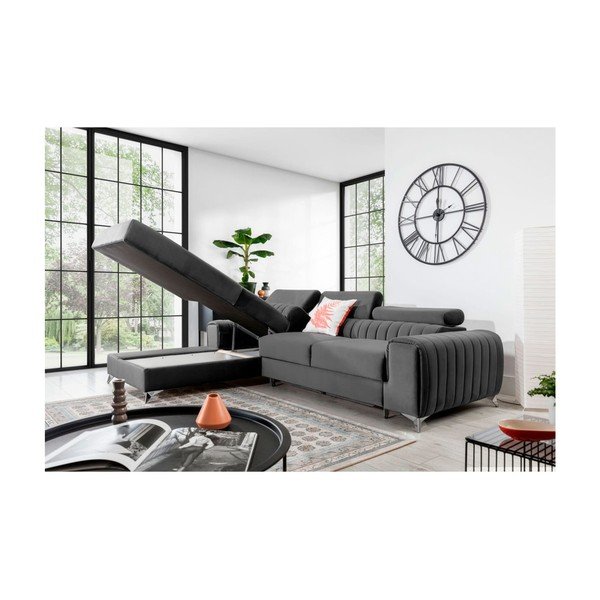 Tmavě šedá sametová rozkládací/s úložným prostorem rohová pohovka (levý roh/s lenoškou) Grayson – ELTAP-image-3