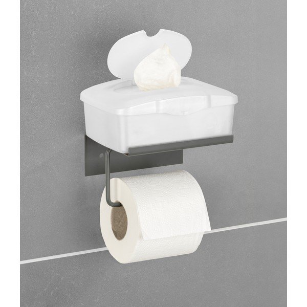 Antracitový samodržící kovový držák na toaletní papír s poličkou Desulo – Wenko-image-2