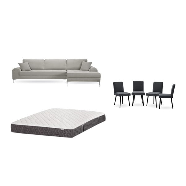 Set světle šedé pohovky s lenoškou vpravo, 4 antracitově šedých židlí a matrace 160 x 200 cm Home Essentials