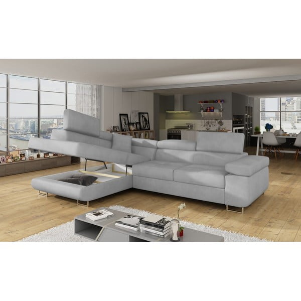 Světle šedá sametová rozkládací/s úložným prostorem rohová pohovka (levý roh/do L) Anton – ELTAP-image-4