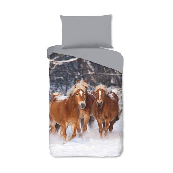 Šedé flanelové dětské povlečení na jednolůžko 140x200 cm Happy Horses – Good Morning