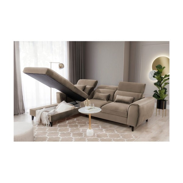 Světle hnědá sametová rozkládací/s úložným prostorem rohová pohovka (levý roh/s lenoškou) Foble – ELTAP-image-4