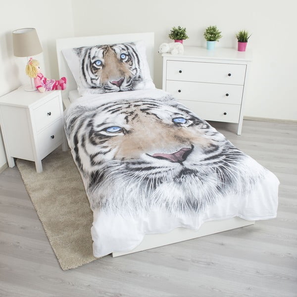 Bílo-šedé bavlněné dětské povlečení na jednolůžko 140x200 cm White Tiger – Jerry Fabrics-image-1
