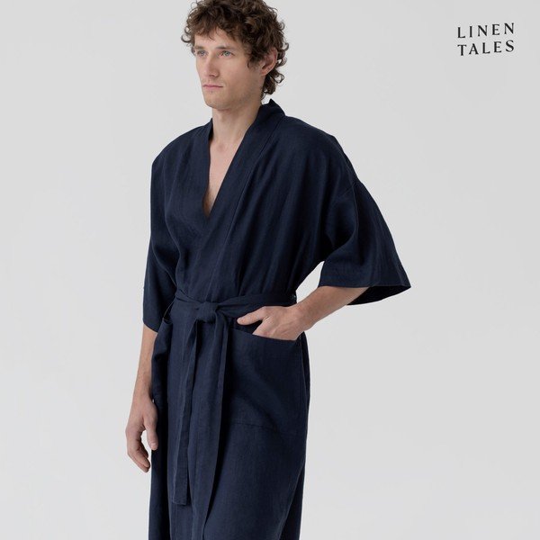 Tmavě modrý lněný župan velikost S/M Summer – Linen Tales-image-3
