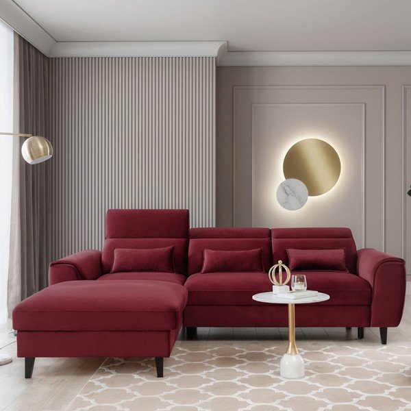 Červená sametová rozkládací/s úložným prostorem rohová pohovka (levý roh/s lenoškou) Foble – ELTAP-image-1