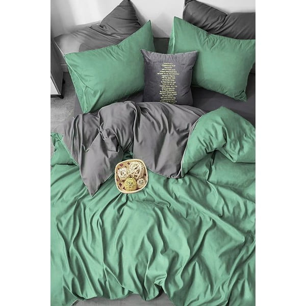 Zeleno-šedé 4dílné prodloužené povlečení na dvoulůžko z bavlny Renforcé s prostěradlem 200x220 cm – Mila Home