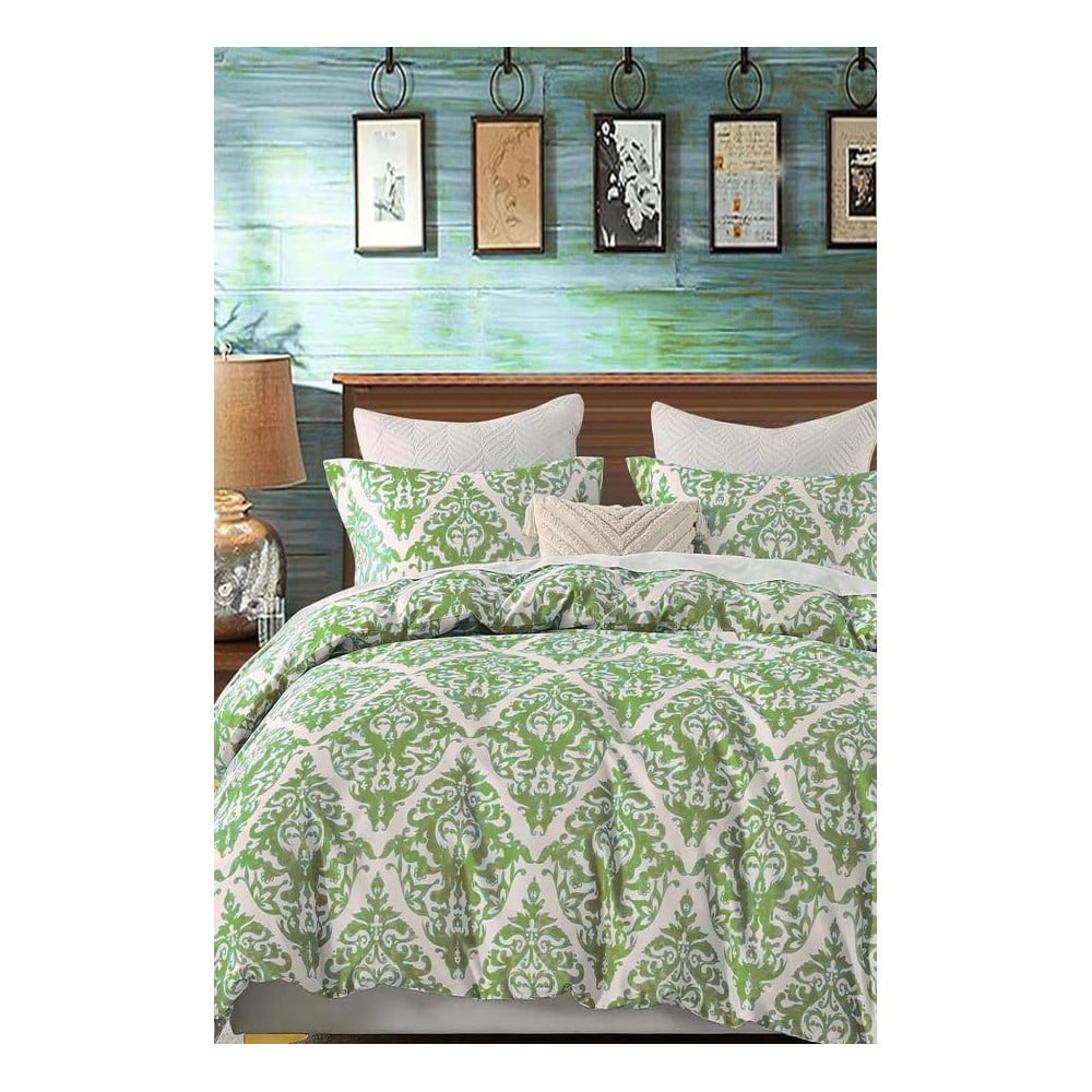 Zeleno-šedé 4dílné prodloužené povlečení na dvoulůžko s prostěradlem z bavlny Renforcé 200x220 cm Damask – Mila Home