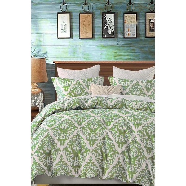 Zeleno-šedé 4dílné prodloužené povlečení na dvoulůžko s prostěradlem z bavlny Renforcé 200x220 cm Damask – Mila Home