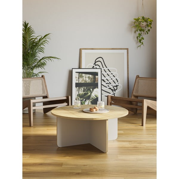 Kulatý konferenční stolek s deskou v dubovém dekoru v krémovo-přírodní barvě ø 80 cm Hillary – Marckeric-image-1