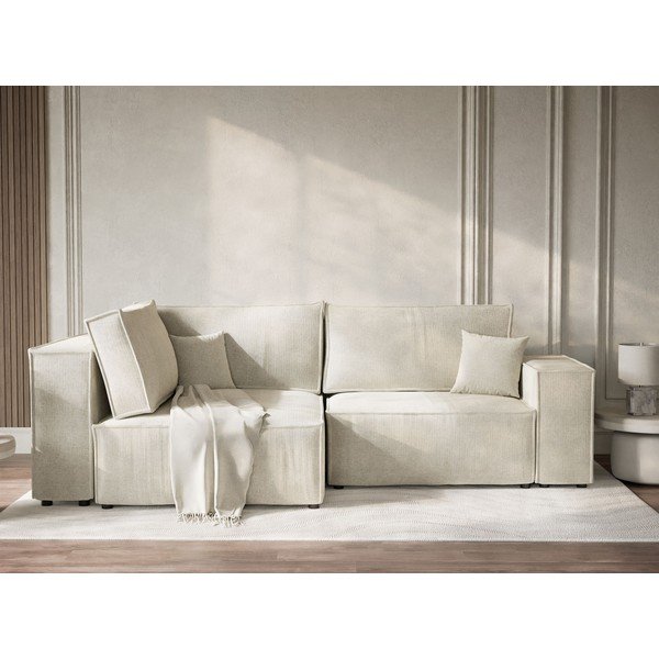 Krémová žinylková rozkládací/s úložným prostorem rohová pohovka (levý roh/do L) Tonga – Maison de Rêve-image-1