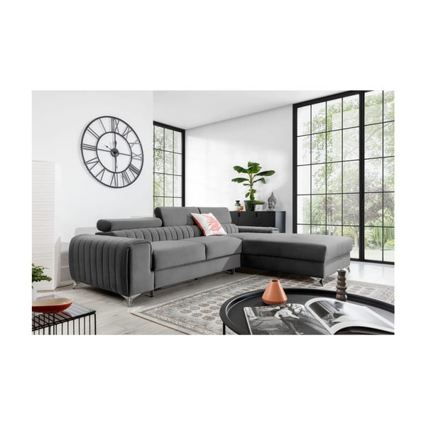 Šedá sametová rozkládací/s úložným prostorem rohová pohovka (pravý roh/s lenoškou) Grayson – ELTAP-image-1