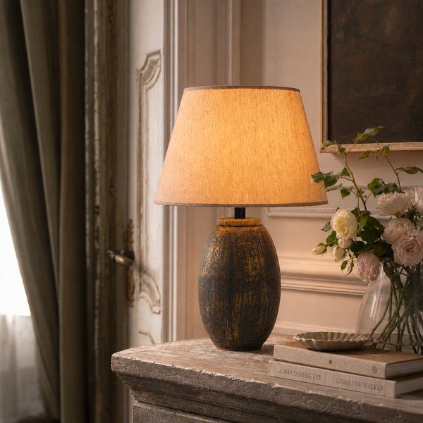 Šedá/béžová stolní lampa s textilním stínidlem (výška 46 cm) Yakamoz – Opviq lights-image-1