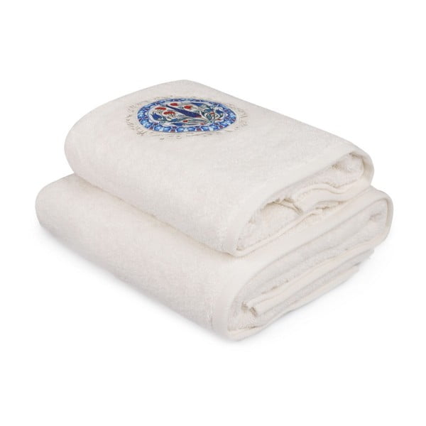 Set bílého ručníku a bílé osušky s barevným detailem Bleuet