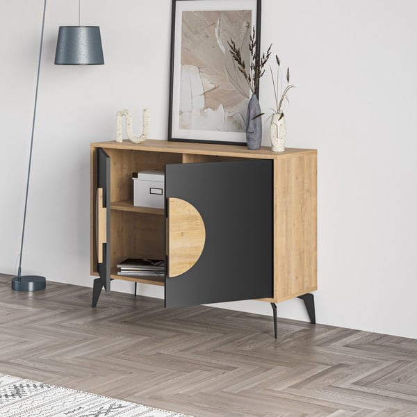 Nízká komoda v dekoru dubu v černo-přírodní barvě 110x82 cm Vae – Marckeric-image-4