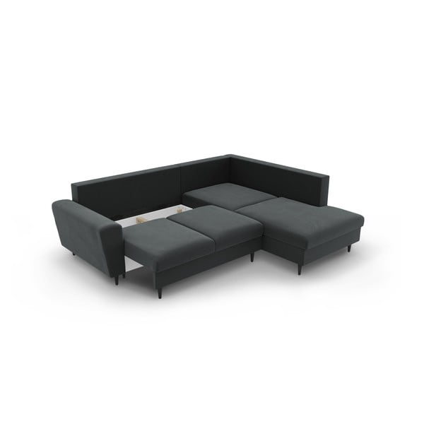 Tmavě šedá sametová rozkládací/s úložným prostorem rohová pohovka (pravý roh/do L) Kyoto – Cosmopolitan Design-image-3