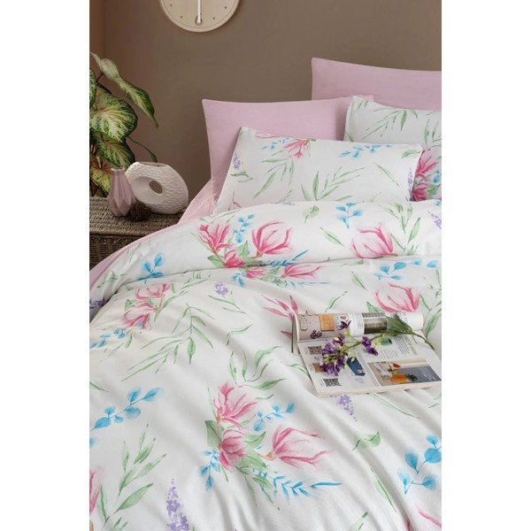 Bílo-růžové prodloužené čtyřdílné povlečení na dvoulůžko s prostěradlem 200x220 cm Leaves – Mila Home-image-1