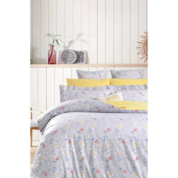 Žluto-šedé prodloužené povlečení na dvoulůžko z bavlny Renforcé s prostěradlem/4dílné 200x220 cm – Mila Home