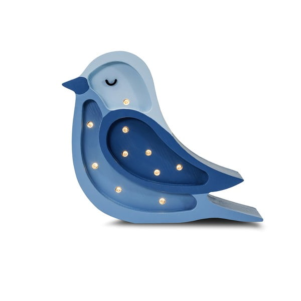 Modrá stolní lampa z borovicového dřeva Little Lights Bird, výška 21 cm